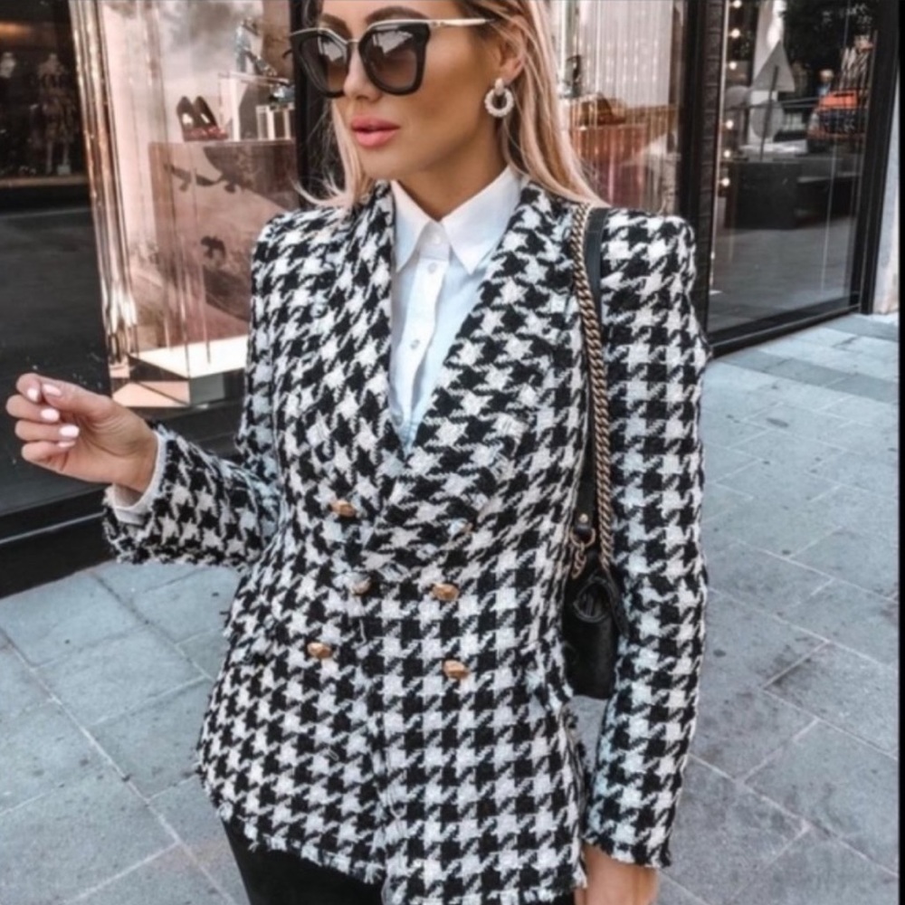 Zara Houndstooth Gold Button Blazer